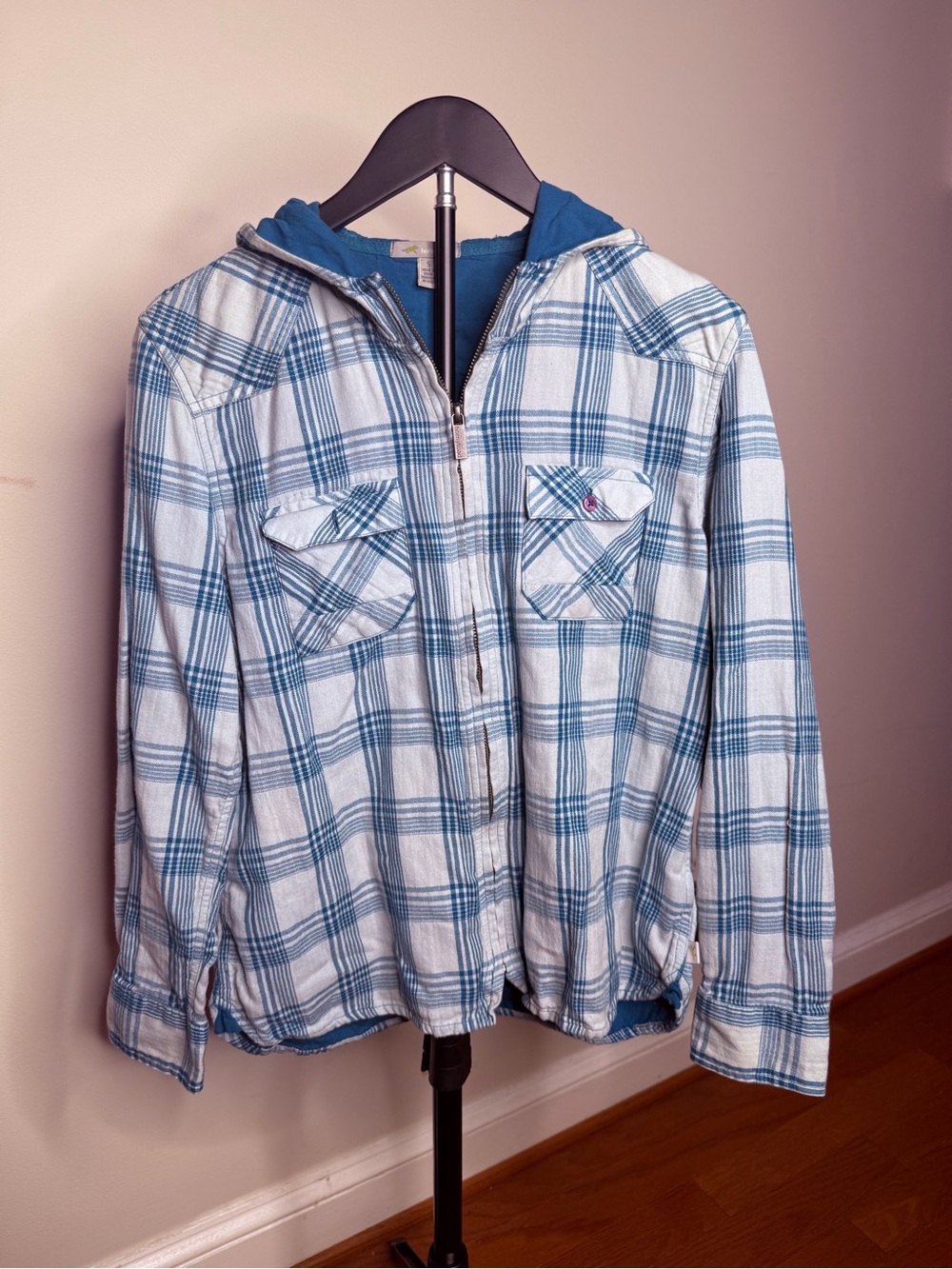 Horny Toad Blue Plaid Hooded Zip Jacket